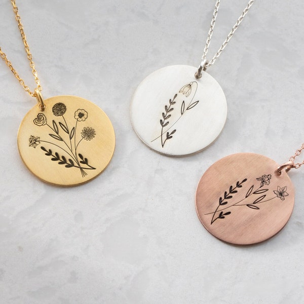 Collar de flores de nacimiento familiar, colgante de ramo grabado