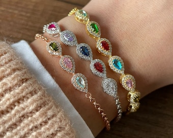Pulsera con piedra de nacimiento familiar - Pulsera para mamá - Joyería con piedra de nacimiento - Pulsera delicada con piedra de nacimiento en oro y plata - Regalo para el Día de la Madre