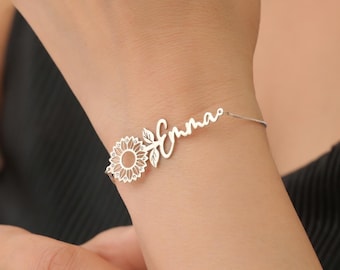 Name Bracelet for Women, Sunflower Bracelet, Personalized Gift, Birthday Gift, Anniversary Gift, Flower Gifts For Her, Christmas Gift
