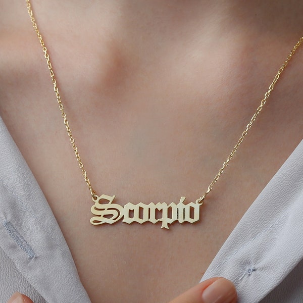Scorpio Necklace, Name Necklace, Old English Nameplate Necklace, Silver Scorpio Necklace, Gold Zodiac Necklace, Rose Gold Birthday Necklace