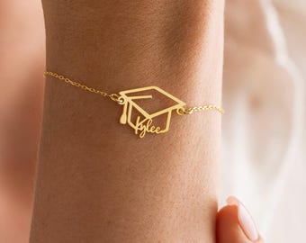 Pulsera con nombre y birrete de graduación personalizada, regalo para ella