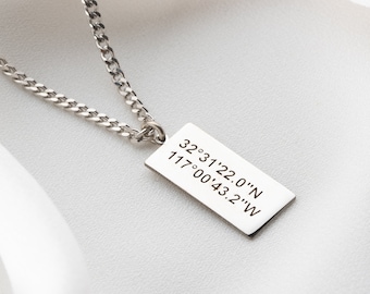 Personalized Coordinates Necklace for Men and Women, Custom GPS Location Pendant