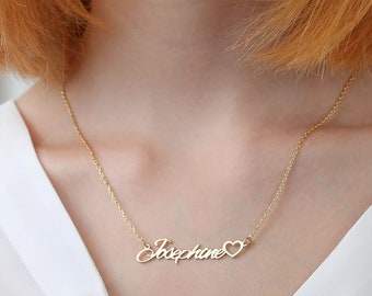 Gold Name Necklace with Heart, Personalized Heart Name Necklace Gold, Cursive Name Necklace, Custom Name Necklace for Her