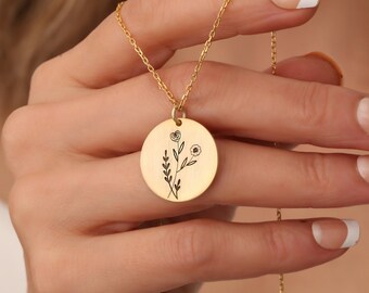 Birth Flower Necklace for Mom, Family Floral Necklace, Custom Family Bouquet Necklace, Engraved Family Necklace, Christmas Gift