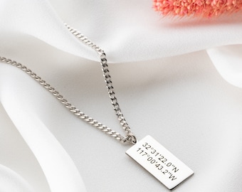 Collar de coordenadas GPS personalizado plata, regalo de larga distancia para novio novia, collar de viaje que se aleja regalos para él Ella