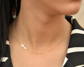Collar de cruz lateral de oro macizo de 14 quilates, collar de cruz para mujer, regalo de collar de cruz de oro, regalo para ella