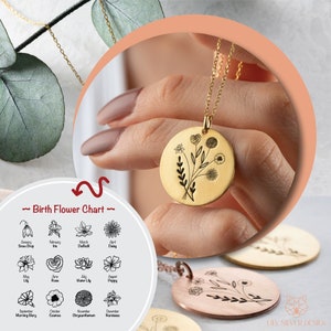 Birth Flower Necklace for Mom, Engraved Flower Necklace, Birthday Gifts for Mom, Personalized Gift for Her