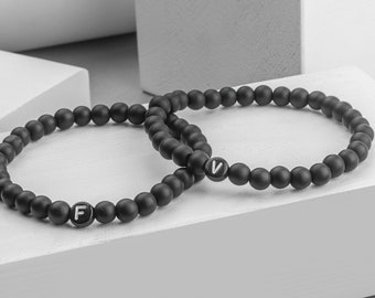 Initial Bracelet Men, Black Bead Initial Bracelet, Customized Couple Bracelet, Gift for Him, Groomsmen Gifts, Birthday Gift, Custom Gift