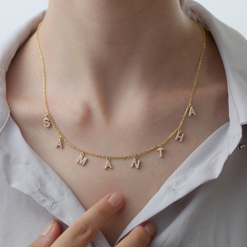 Silver Name Necklace for Women Name Necklace with Rhinestone Etsy