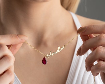 Name Necklace with Birthstone, Necklace for Women, Custom Name Necklace, Birthstone Jewelry, Dainty Gift, Anniversary Gift, Gift for Wife