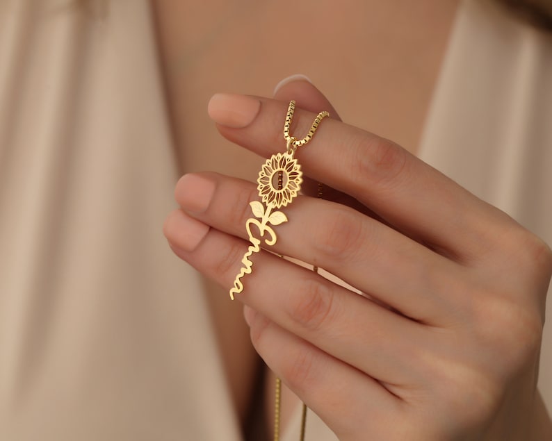 Collier tournesol pour femme, collier prénom, cadeau d'anniversaire, collier délicat, cadeaux pour elle, cadeaux pour elle, cadeau de Noël image 10