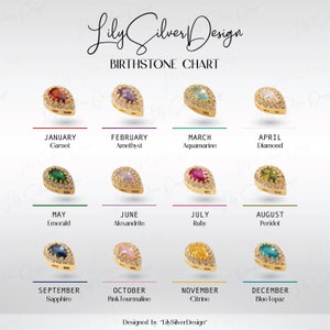 May include: A chart displaying the birthstones for each month of the year. The chart features a gold teardrop-shaped pendant with a different gemstone for each month. The gemstones are: Garnet, Amethyst, Aquamarine, Diamond, Emerald, Alexandrite, Ruby, Peridot, Sapphire, Pink Tourmaline, Citrine, and Blue Topaz.