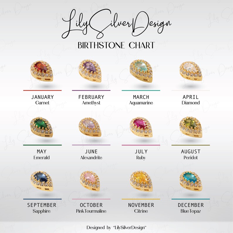 May include: A chart displaying the birthstones for each month of the year. The chart features a gold teardrop-shaped pendant with a different gemstone for each month. The gemstones are: Garnet, Amethyst, Aquamarine, Diamond, Emerald, Alexandrite, Ruby, Peridot, Sapphire, Pink Tourmaline, Citrine, and Blue Topaz.