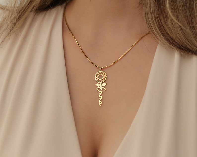 Collier tournesol pour femme, collier prénom, cadeau d'anniversaire, collier délicat, cadeaux pour elle, cadeaux pour elle, cadeau de Noël image 7