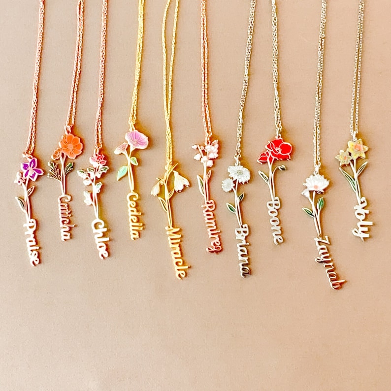 Customize with Any Name! Silver Name Necklace with Color Flower Customize with Any Name! Silver Name Necklace with Color Flower