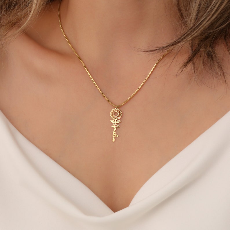 Collier tournesol pour femme, collier prénom, cadeau d'anniversaire, collier délicat, cadeaux pour elle, cadeaux pour elle, cadeau de Noël image 3