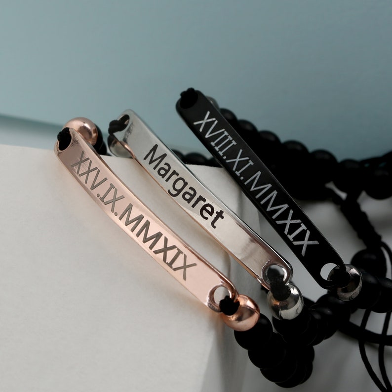 Couple Wristband, Friendship Bracelet, Couple Bracelet, Engraved Bracelet, Gift for Him, Roman Numeral Bracelet, Custom Name Bracelet image 4