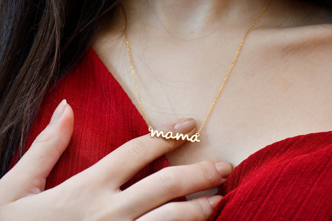 14K Solid Gold Mama Necklace, Dainty Mama Necklace Gold Script, Mimi