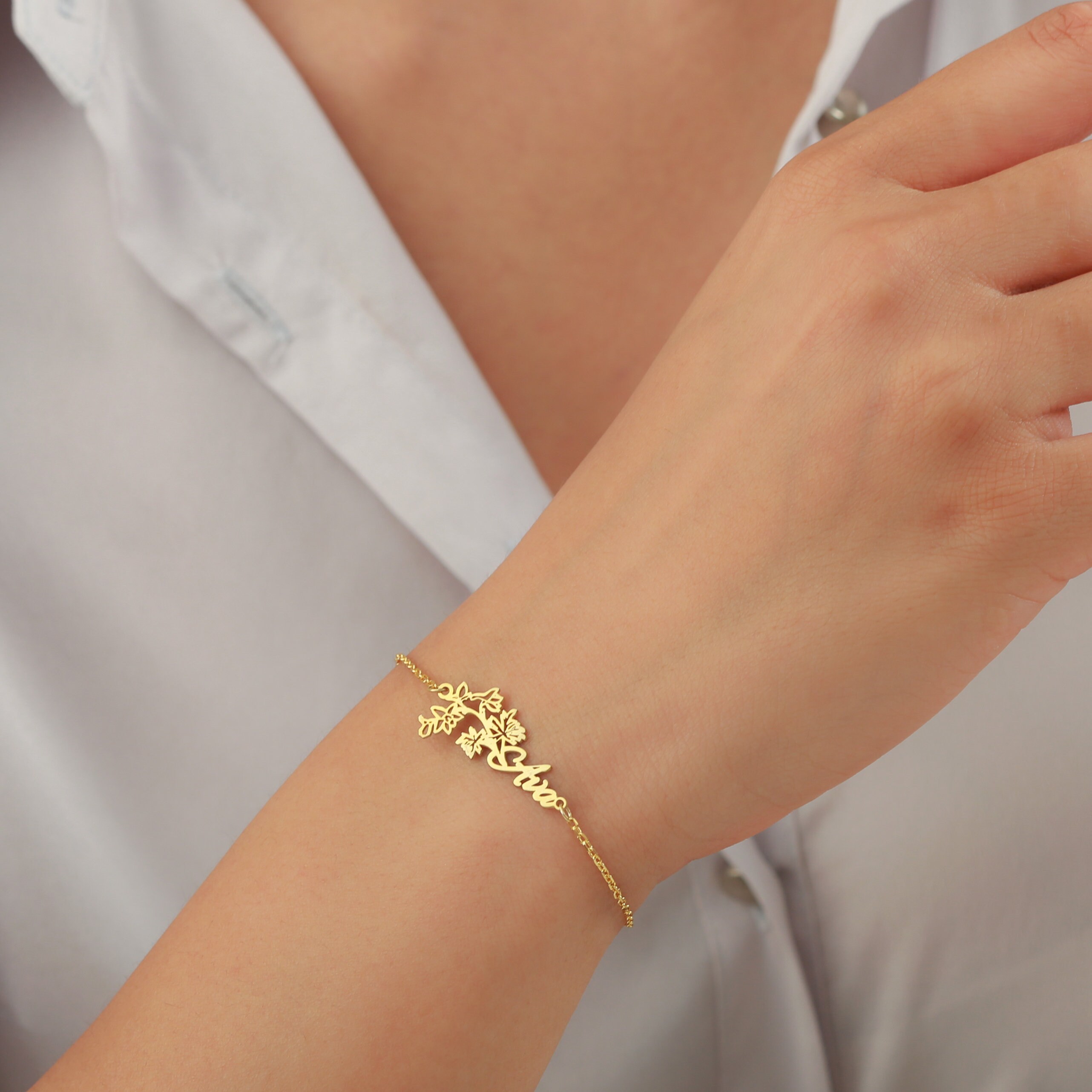 Personalized Birth Flower Bracelet Floral Name Bracelet Etsy