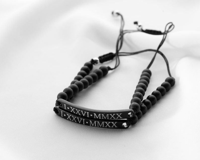 Couple Wristband, Friendship Bracelet, Couple Bracelet, Engraved Bracelet, Gift for Him, Roman Numeral Bracelet, Custom Name Bracelet image 2