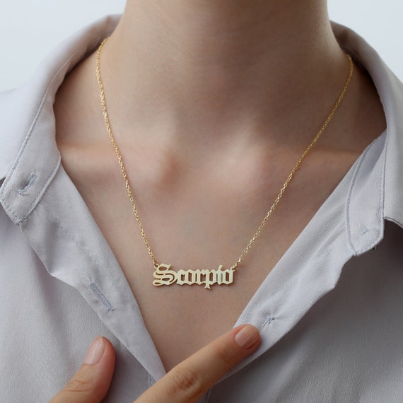 Scorpio Necklace Name Necklace Old English Nameplate Necklace Silver Scorpio Necklace Gold Zodiac Necklace Rose Gold Birthday Necklace Etsy