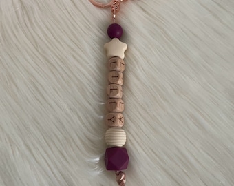 Personalized plum tone wood and silicone keyring