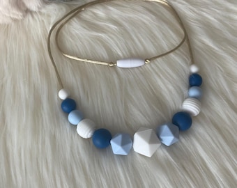 Navy, sky blue and white silicone nursing necklace