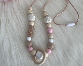 Nursing or carrying necklace, ecru beige and pink tone