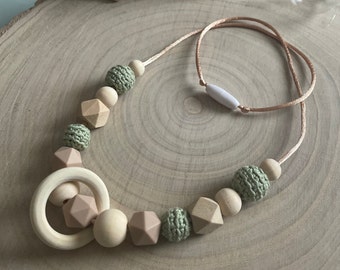 Collier d’allaitement ou de portage ton vert eucalyptus et taupe