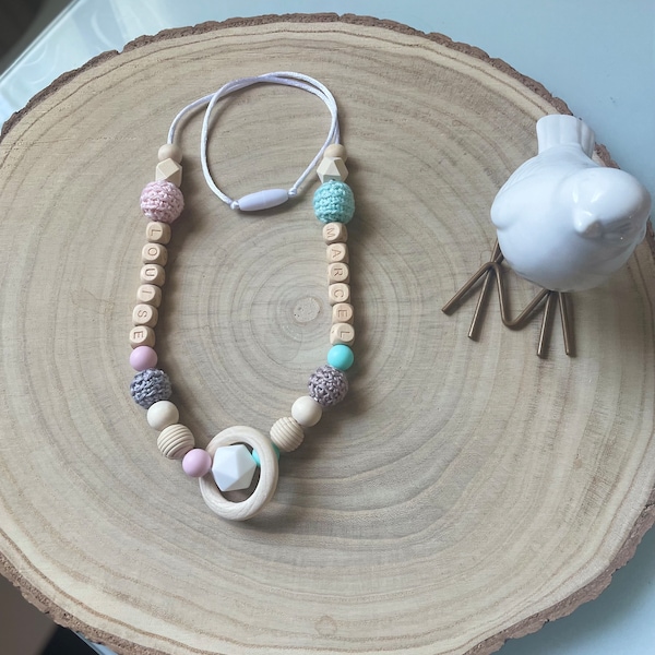 Collier d’allaitement ou de portage à personnaliser pour jumeaux ton turquoise, rose, gris et taupe