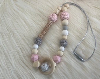 Breastfeeding or carrying necklace to personalize your pink, gray and white