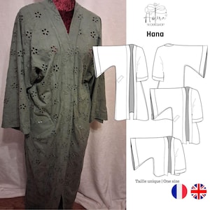 May include: An olive green open-front robe featuring an all-over eyelet floral pattern with wide sleeves. The image includes a technical line drawing labeled Amira's Workshop Hana, showing the garment construction and the text Taille unique | One size.