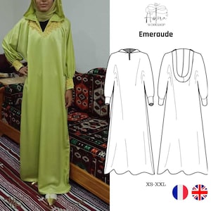 Könnte beinhalten: Ein langes, hellgrünes Kapuzenkleid mit goldener Stickerei an Kragen und Manschetten. Das Kleid wird an einer Person und auch als technische Zeichnung gezeigt. Der Text "Emeraude" wird über der Zeichnung angezeigt. Das Kleid ist in den Größen XS-XXL erhältlich.