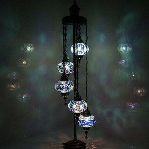 Turkish Lamp - 5 Large Globe - Turkish Moroccan Mosaic Floor Lamp Light - Free LED Bulbs