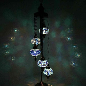 Turkish Lamp - 5 Large Globe - Turkish Moroccan Mosaic Floor Lamp Light - Free LED Bulbs