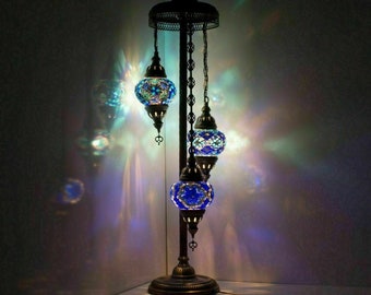 Lámpara turca - 3 globos grandes - Lámpara de pie de mosaico de vidrio Tiffany hecha a mano en Turquía y Marruecos - Bombillas LED gratis