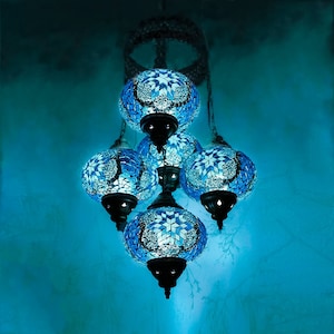Turkish Mosaic Chandelier Lamp - 5 Large Globe - Turkish Moroccan Mosaic Hanging Ceiling Lantern Lamp -Free LED Bulb | Next Day Delivery