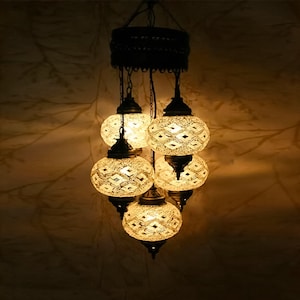 Turkish Mosaic Chandelier Lamp - 5 Large Globe - Turkish Moroccan Mosaic Hanging Ceiling Lantern Lamp -Free LED Bulb