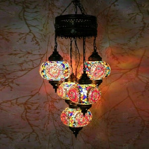 Turkish Mosaic Chandelier Lamp - 5 Large Globe - Turkish Moroccan Mosaic Hanging Ceiling Lantern Lamp -Free LED Bulb