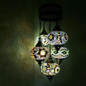 Turkish Mosaic Chandelier Lamp - 5 Large Globe - Turkish Moroccan Mosaic Hanging Ceiling Lantern Lamp -Free LED Bulb | Next Day Delivery