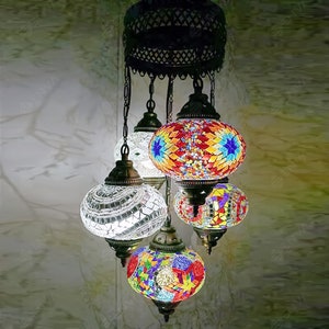 Turkish Mosaic Chandelier Lamp - 5 Large Globe - Turkish Moroccan Mosaic Handmade Hanging Ceiling Lantern Lamp - Free LED Bulb