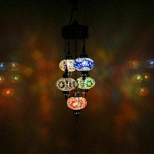 Turkish Mosaic Chandelier Lamp - 5 Large Globe - Turkish Moroccan Mosaic Hanging Ceiling Lantern Lamp -Free LED Bulb | Next Day Delivery