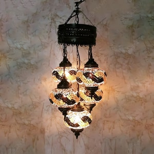 Turkish Mosaic Chandelier Lamp - 5 Large Globe - Handmade Turkish Moroccan Mosaic Hanging Ceiling Lantern Lamp -Free LED Bulb