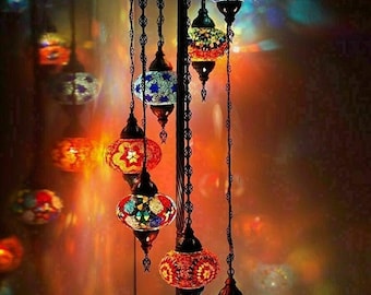 Turkish Lamp - 7 Large Globe - Handmade Turkish Moroccan Mosaic Floor Lamp Light - Free LED Bulbs