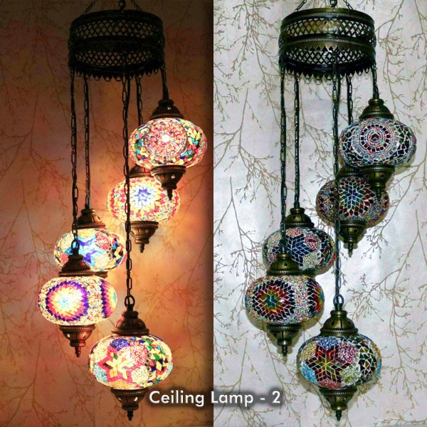 Turkish Mosaic Chandelier Lamp - 5 Large Globe - Turkish Moroccan Mosaic Hanging Ceiling Lantern Lamp -Free LED Bulb - 4 Variations