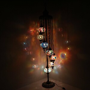 Turkish Lamp - 7 Large Globe - Turkish Moroccan Mosaic Floor Lamp Light - Free LED Bulbs