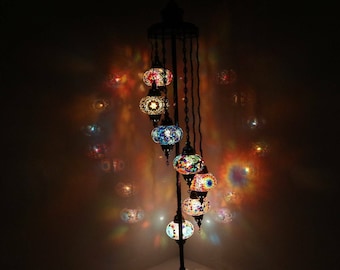 Turkish Lamp - 7 Large Globe - Turkish Moroccan Mosaic Floor Lamp Light - Free LED Bulbs