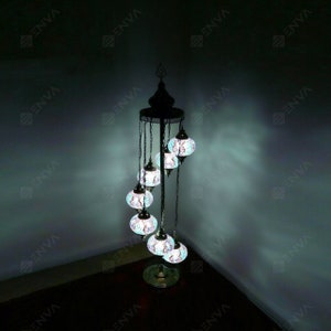 Turkish Lamp - 7 Large Globe - Turkish Moroccan Mosaic Floor Lamp Light - Free LED Bulbs