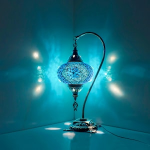 Turkish Moroccan Mosaic Lamp Light - Large Globe - Handmade Blue Mosaic Swan Neck Table Desk Lamp- FREE Shipment Next Day- Free LED Bulb