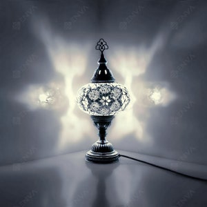 Handmade Turkish Moroccan Mosaic Glass Table Bedside Lamp Light - Free LED Bulb - White Colour